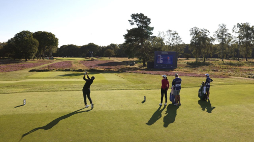 TADWORTH, ENGLAND - AUGUST 10: Carlota Ciganda of Spain plays her tee shot on the 5th hole on Day One of the AIG Women's Open at Walton Heath Golf Club on August 10, 2023 in Tadworth, England. (Photo by Luke Walker/Getty Images for HSBC)