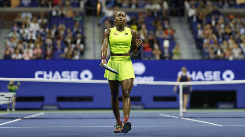 NEW YORK, NEW YORK - AUGUST 28: Coco Gauff of the United States celebrates a point against Laura Siegemund of Germany during their Women's Singles First Round match on Day One of the 2023 US Open at the USTA Billie Jean King National Tennis Center on August 28, 2023 in the Flushing neighborhood of the Queens borough of New York City. (Photo by Sarah Stier/Getty Images)