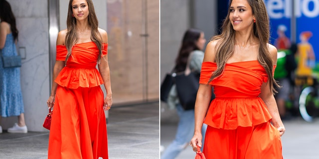 side by side photos - Jessica Alba in bright outfit wide shot and Jessica Alba medium shot