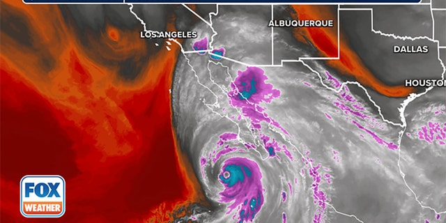 A weather map tracking Hurricane Hilary