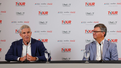 ATLANTA, GEORGIA - AUGUST 22: PGA Tour Commissioner Jay Monahan (L) and EVP & President, PGA TOUR, Tyler Dennis speak to the media prior to the TOUR Championship at East Lake Golf Club on August 22, 2023 in Atlanta, Georgia. (Photo by Kevin C. Cox/Getty Images)