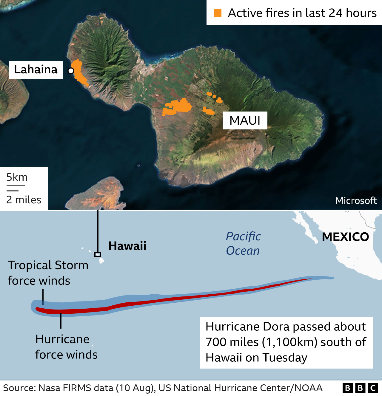 Map showing Hawaiian island of Maui and Hurricane Dora's path