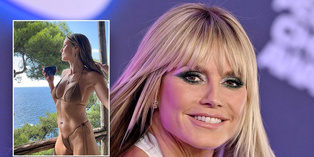 Heidi Klum twirls back at the camera with her hair flowing and smiles on the carpet inset a photo of Klum drinking coffee in a bathing suit in a picturesque setting
