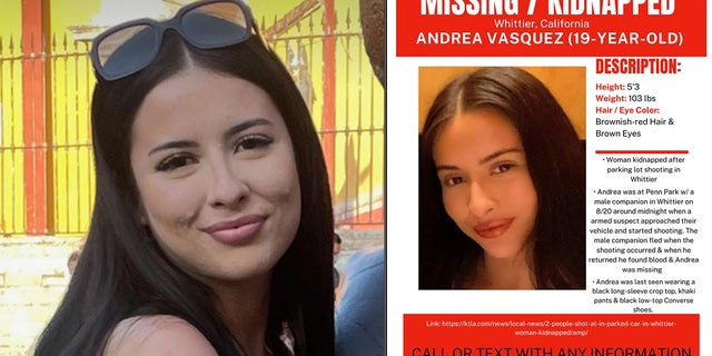 Girl smiles next to missing person poster.