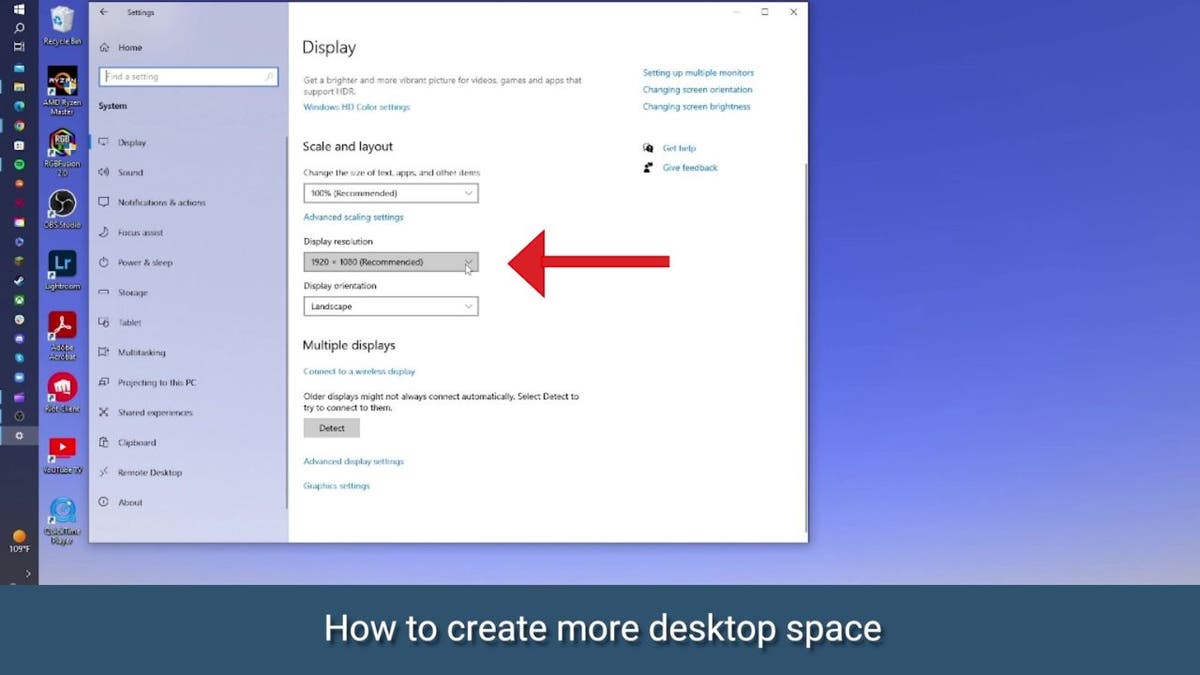 Screenshot of the display settings on a PC.