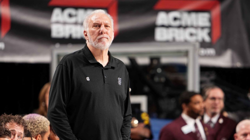 DALLAS, TX - APRIL 9: Head Coach Gregg Popovich of the San Antonio Spurs looks on during the game against the Dallas Mavericks on April 9, 2023 at the American Airlines Center in Dallas, Texas. NOTE TO USER: User expressly acknowledges and agrees that, by downloading and or using this photograph, User is consenting to the terms and conditions of the Getty Images License Agreement. Mandatory Copyright Notice: Copyright 2023 NBAE (Photo by Glenn James/NBAE via Getty Images)