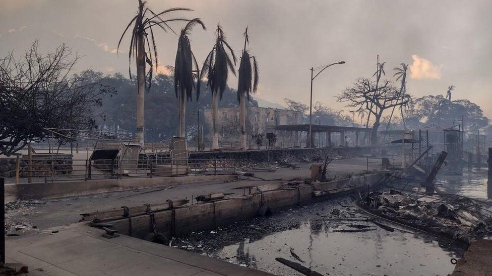 A charred boat lies in the scorched waterfront after wildfires fanned by the winds of a distant hurricane devastated Maui's city of Lahaina, Hawaii, U.S. August 9, 2023. Mason Jarvi/Handout