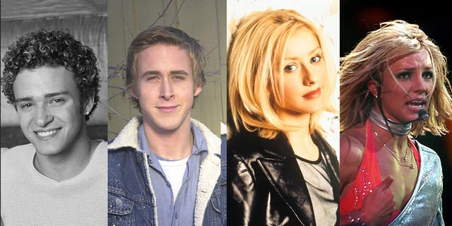 A split of Justin Timberlake, Ryan Gosling, Christina Aguilera and Britney Spears