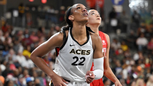 COLLEGE PARK, GA - AUGUST 22: A'ja Wilson #22 of the Las Vegas Aces looks on during the game against the Atlanta Dream on August 22, 2023 at Gateway Center Arena in College Park, Georgia. NOTE TO USER: User expressly acknowledges and agrees that, by downloading and or using this photograph, User is consenting to the terms and conditions of the Getty Images License Agreement. Mandatory Copyright Notice: Copyright 2023 NBAE (Photo by Derek White/NBAE via Getty Images)