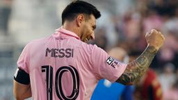 Lionel Messi celebrates scoring against Atlanta United.