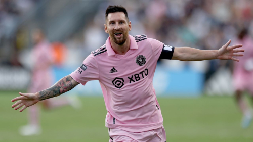 CHESTER, PENNSYLVANIA - AUGUST 15: Lionel Messi #10 of Inter Miami CF celebrates after scoring a goal in the first half during the Leagues Cup 2023 semifinals match between Inter Miami CF and Philadelphia Union at Subaru Park on August 15, 2023 in Chester, Pennsylvania. (Photo by Tim Nwachukwu/Getty Images)