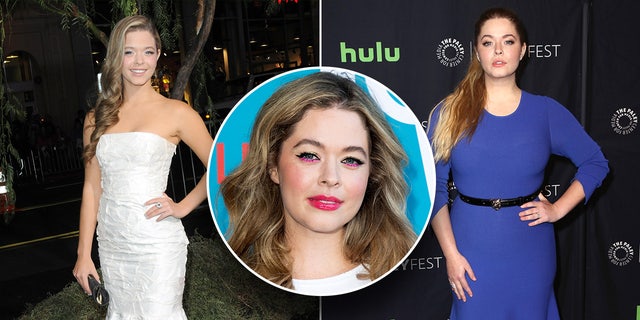 Sasha Pieterse in a white calf length gown with her left hand on her hip split Sasha Pieterse in a blue long sleeve dress with a black belt and her left hand on her hip in the middle a picture of Sasha Pieterse with bright under eye makeup on the carpet