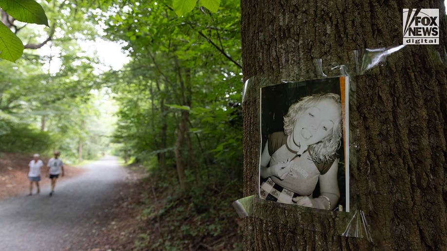 A photo of Rachel Morin is posted on a tree along a hiking route