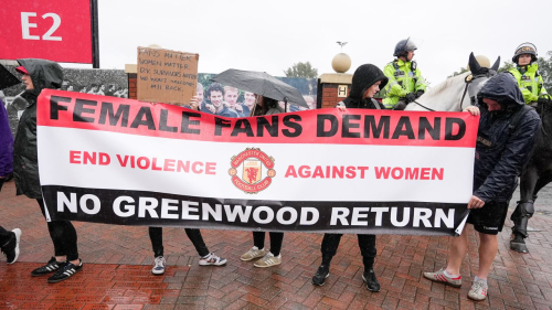 Mandatory Credit: Photo by Ioannis Alexopoulos/LNP/Shutterstock (14054649d) Manchester United fans gather outside Old Trafford stadium as they stage a protest against Mason Greenwood return ahead of the English Premier League football match between Manchester United and Wolves at Old Trafford in Manchester. Mason Greenwood Protest outside Old Trafford, Manchester, Greater Manchester, UK - 14 Aug 2023