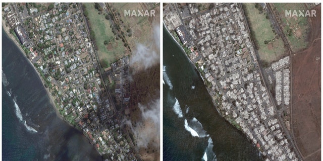 Satellite images provided by Maxar Technologies show an overview of southern Lahaina
