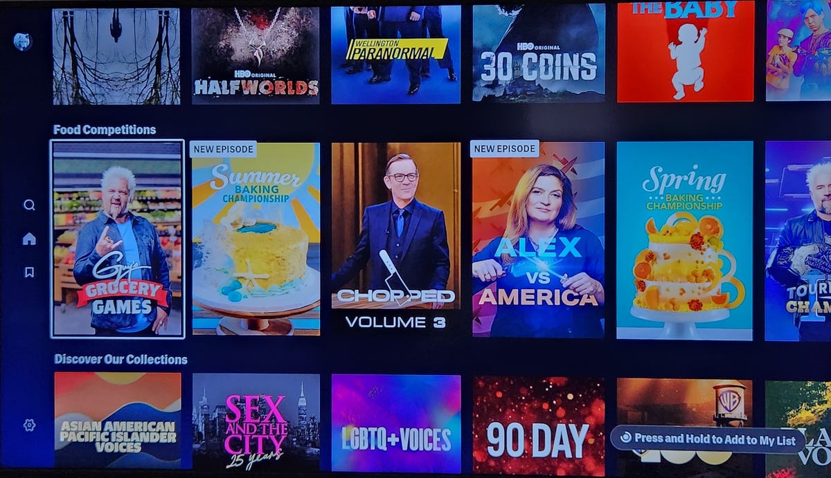 TV screen showing Max streaming app show recommendations