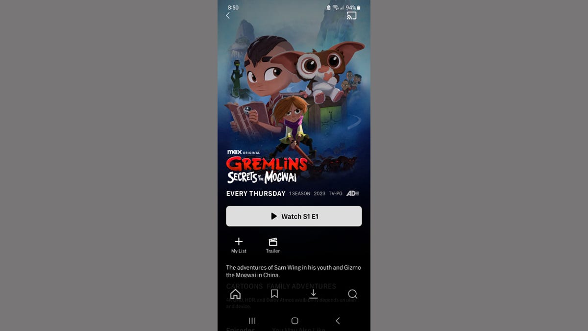 Screenshot of Max phone app interface displaying the title card for Gremlins: Secret of the Mogwai.