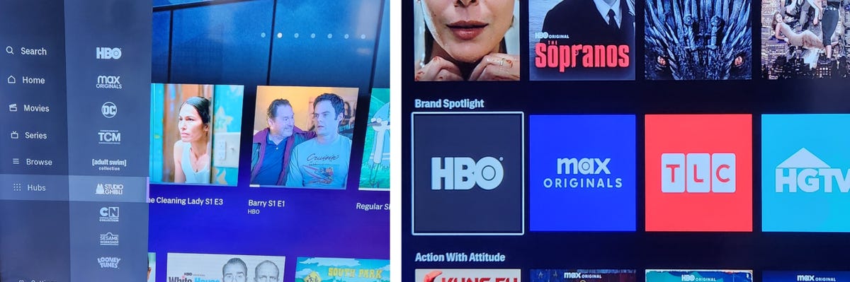 tv screen showing max streaming brand hubs for hbo, tlc