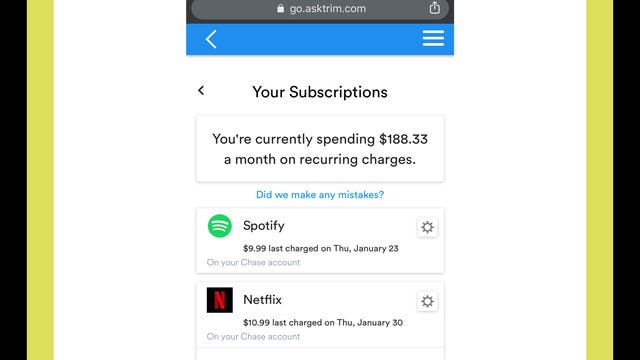 trim budgeting app displayed on phone with netflix and spotify icons