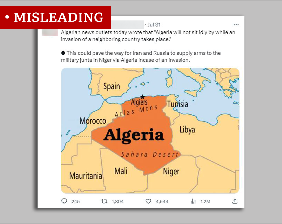 Screengrab of a Tweet claiming Algeria would side with the junta in case of foreign intervention