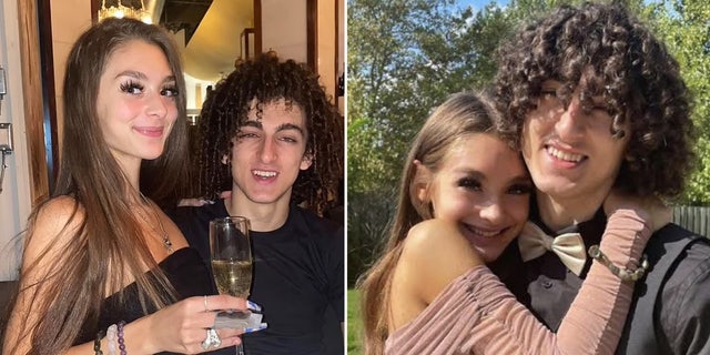 Woman poses with wine glass, left; hugs boyfriend, right