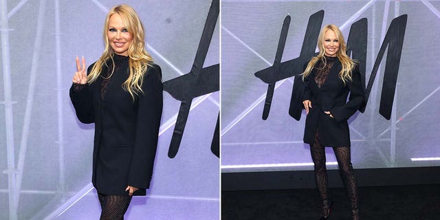 Pamela Anderson split screen in sheer black bodysuit with blazer