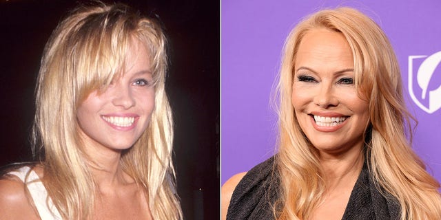 A split image of Pamela Anderson in 1991 and in 2023