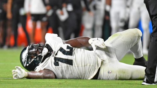 Aug 17, 2023; Philadelphia, Pennsylvania, USA; Philadelphia Eagles defensive tackle Moro Ojomo (72) is injured against the Cleveland Browns during the fourth quarter and was carted off the field at Lincoln Financial Field. Mandatory Credit: Eric Hartline-USA TODAY Sports