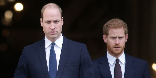 Prince William and Prince Harry wearing navy blazers and white shirts with ties walking almost next to each other