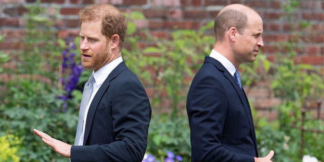 Prince Harry and Prince William wearing matching navy blazers and white shirts with their backs turned against each other