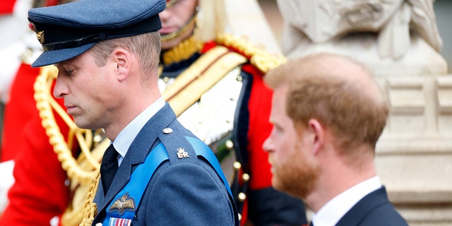 Prince William in a military suit marching in front of Prince Harry wearing a suit