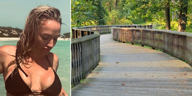 Rachel Morin in black bikini, left; boardwalk for Ma and Pa trail shown at right