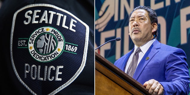 Seattle Police Department logo and Seattle Mayor Bruce Harrell at podium in royal blue suit