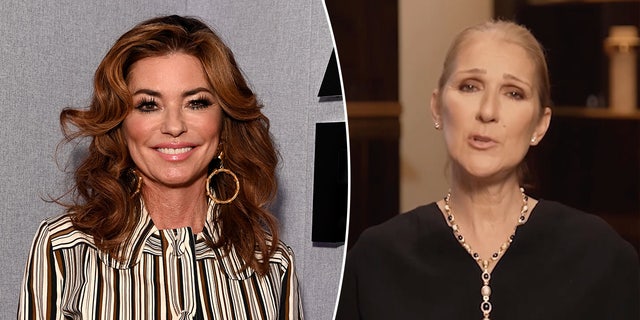 Shania Twain in a striped dress and large dangly hoop earings smiles on the carpet split Céline Dion in a black outfit and gold chain talks to the camera