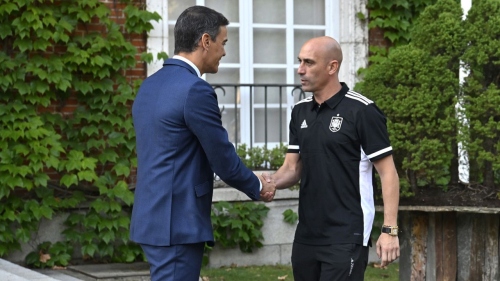 Spanish Prime Minister Pedro Sanchez (L) welcomes President of the Royal Spanish Football Federation Luis Rubiales at Moncloa Presidential Palace in Madrid, Spain, on August 22, 2023.