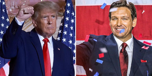 A split image featuring former president Donald Trump with hand raised on the left and Florida Gov DeSantis smiling on the right