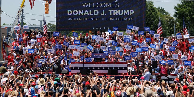 A big crowd, Trump speaking