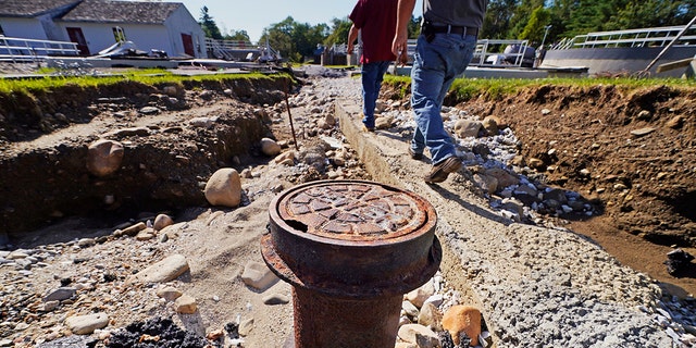 A sewer pipe is exposed