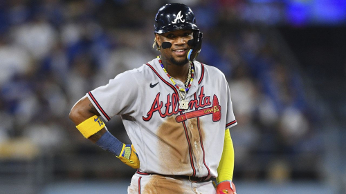 LOS ANGELES, CA - AUGUST 31: Atlanta Braves right fielder Ronald Acuna Jr. (13) looks on during the MLB game between the Atlanta Braves and the Los Angeles Dodgers on August 31, 2023 at Dodger Stadium in Los Angeles, CA. (Photo by Brian Rothmuller/Icon Sportswire) (Icon Sportswire via AP Images)