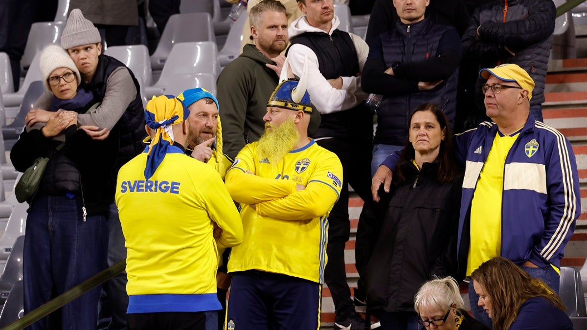 Swedish soccer fans stand in a stadium during a match on Monday