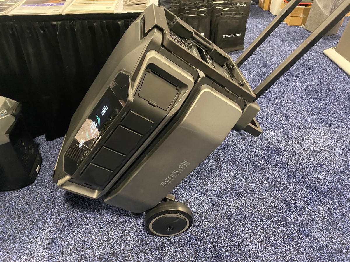 The EcoFlow Delta Pro Ultra battery tilted at an angle on a cart.