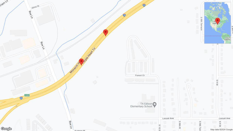 A detailed map that shows the affected road due to 'A crash has been reported on northbound I-35' on January 7th at 8:59 p.m.