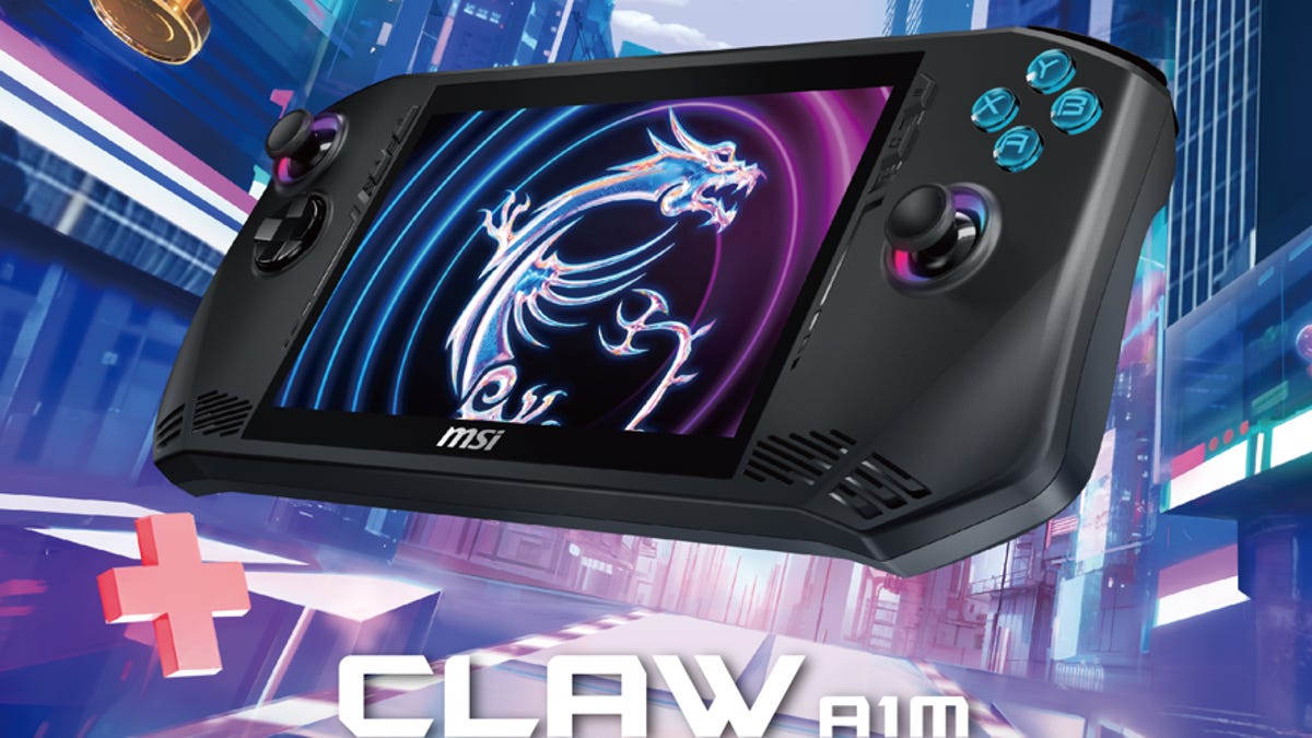 A gaming handheld made by MSI, with a colorful blue background