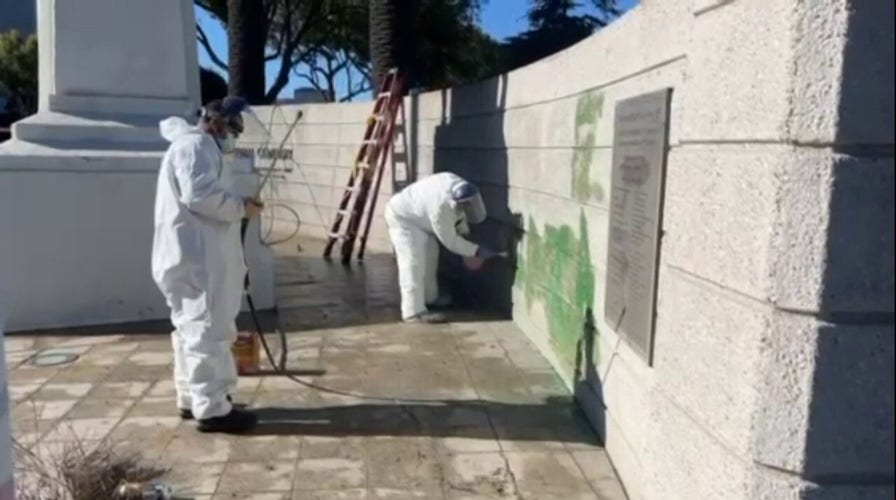 VIDEO: 'Free Gaza' graffiti clean up at National Cemetery in Los Angeles