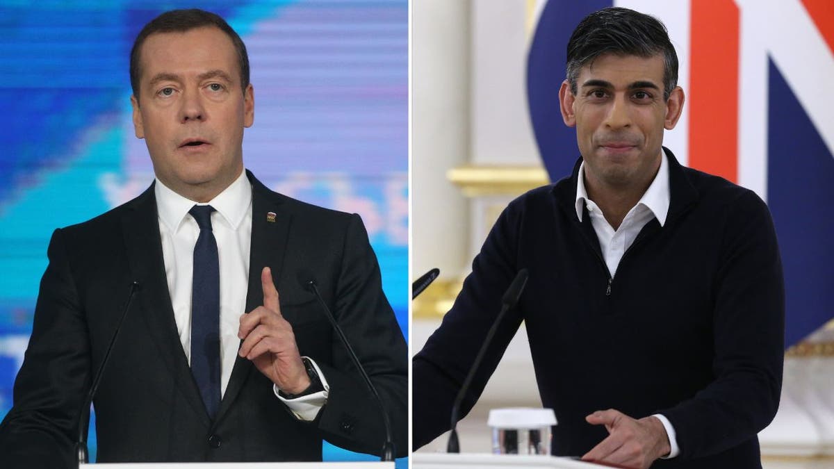 Photo split of Dmitry Medvedev and Rishi Sunak