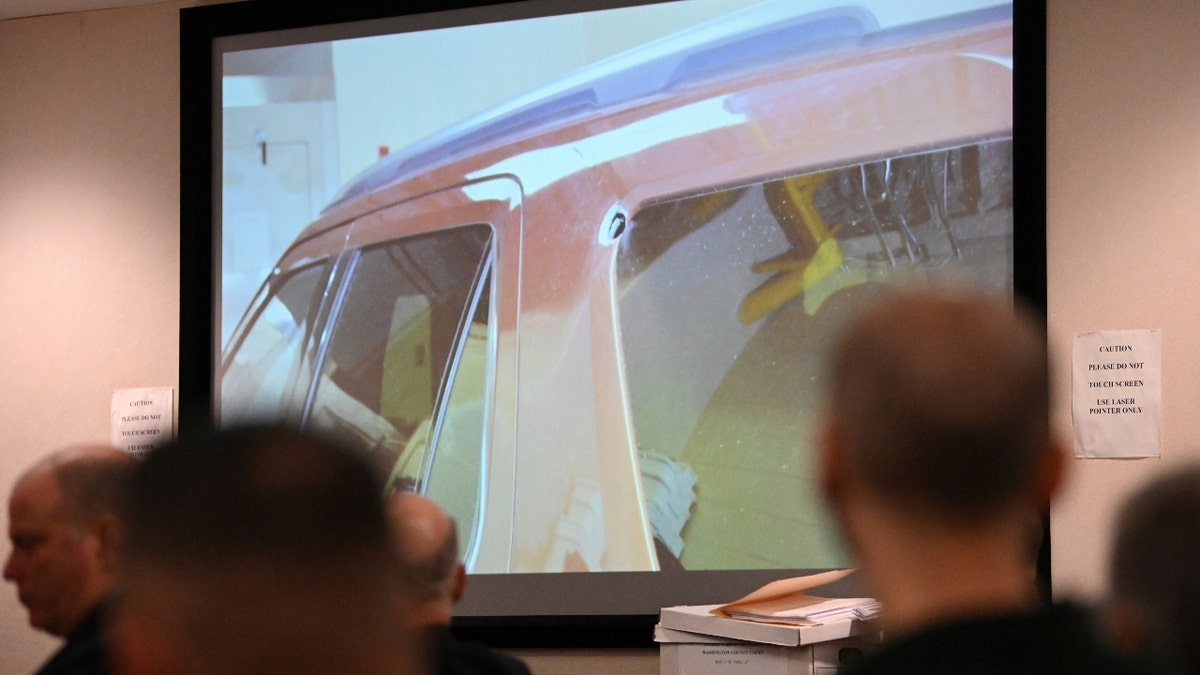 A police evidence photo showing the entry point of the shot that fatally struck Kaylin Gillis last April after she and friends accidentally pulled into Kevin Monahan's driveway, is displayed during summations in Monahan's murder trial, Tuesday, Jan. 23, 2024, at Washington County Courthouse in Fort Edward, N.Y.