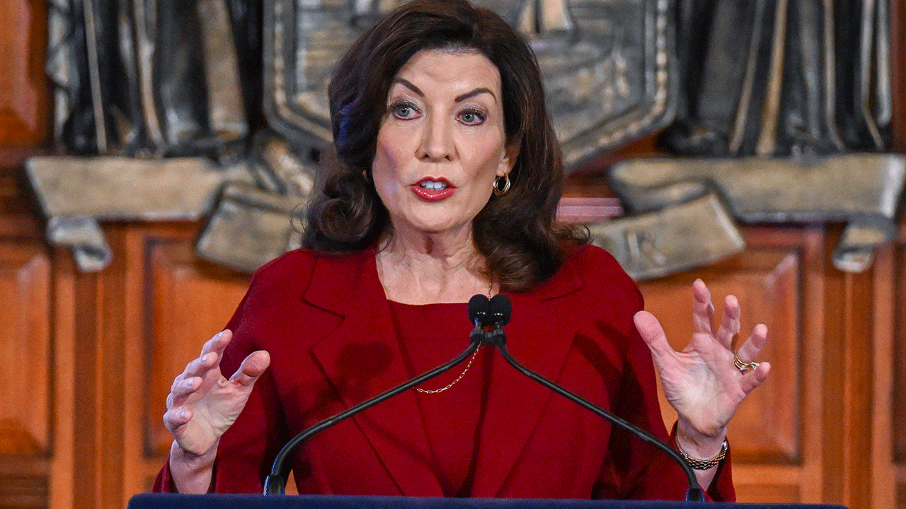 Kathy Hochul speaks at the state Capitol in New York