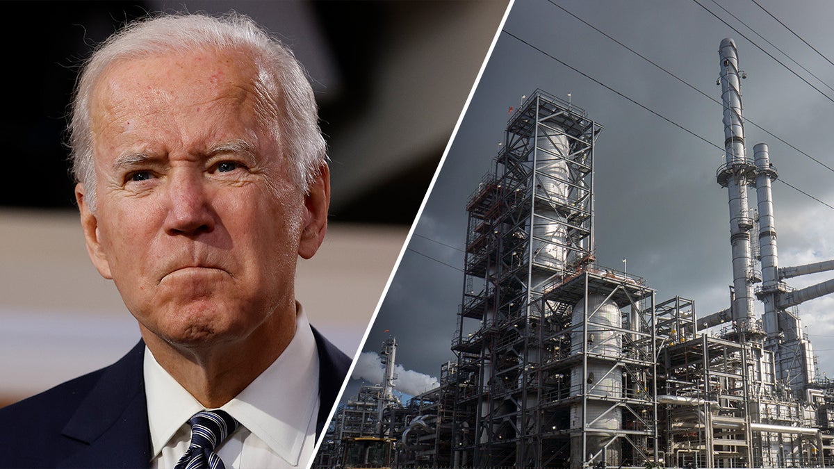split: left, President Biden, right oil refinery