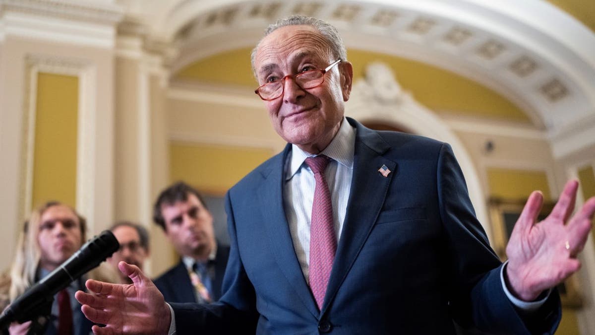 Sen. Chuck Schumer at press gaggle, shrugging 