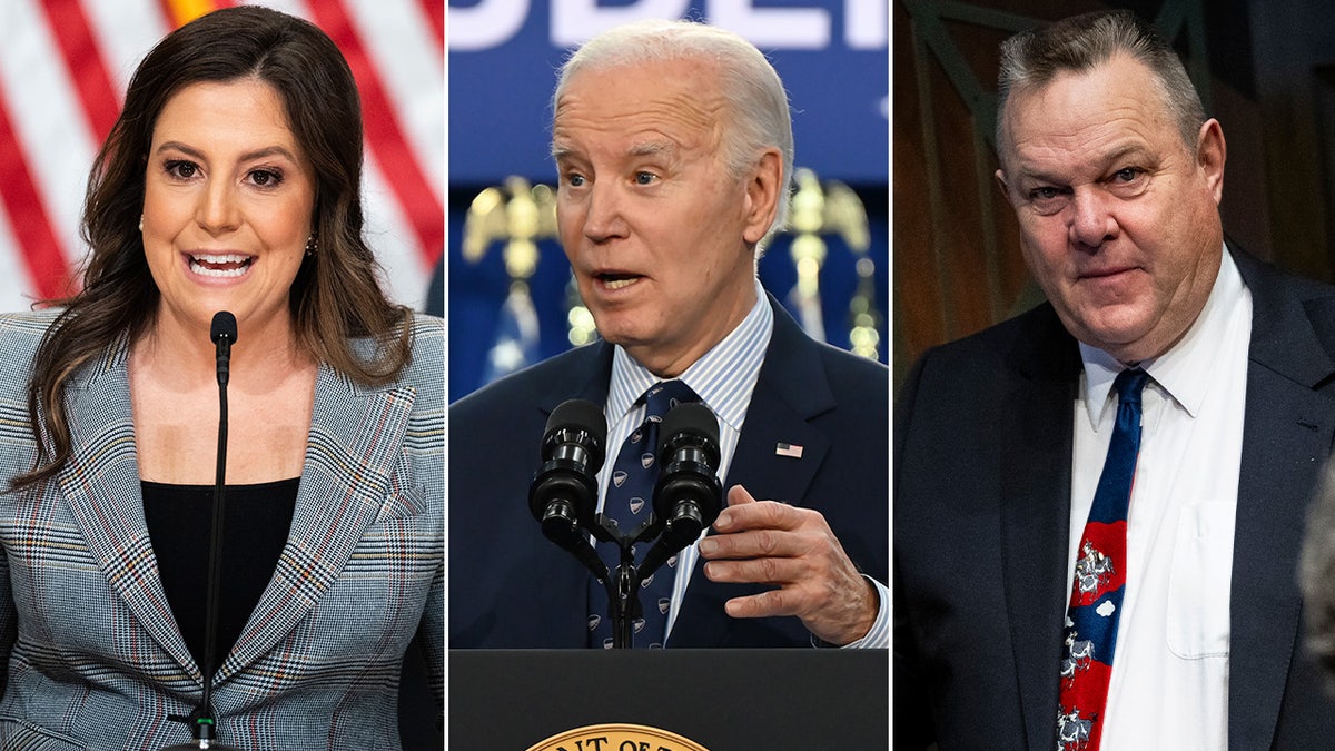 From left to right: Congresswoman Elise Stefanik, President Biden, and Sen. Jon Tester